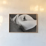 Atlantic Puffin Tucked BW by Nathan Larson. shown as a paper print in a natural frame. Available as a archival giclee rolled canvas, fine art paper, or poster print. SKU 100613i.