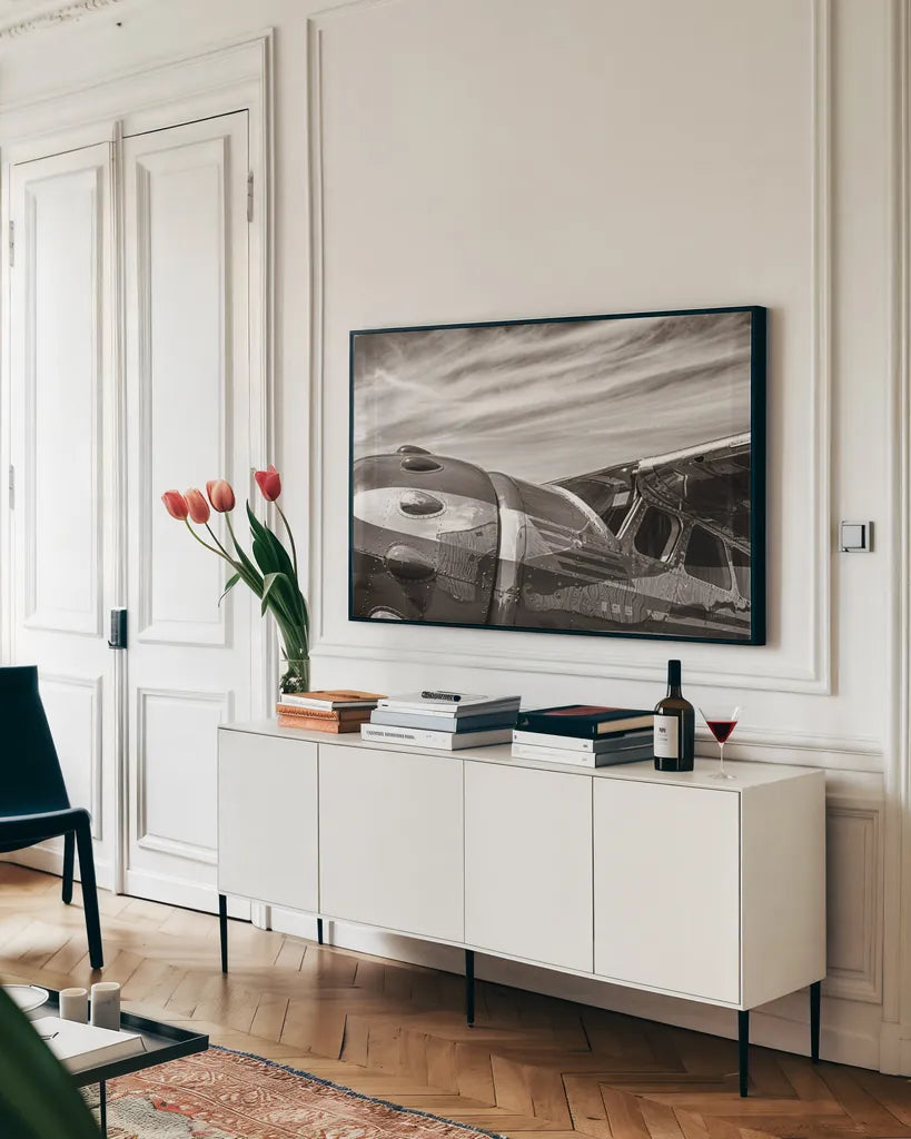 Aviator by Nathan Larson. shown as a framed stretched canvas in a living room above a console. Available as a archival giclee rolled canvas, fine art paper, or poster print. SKU 76904i.