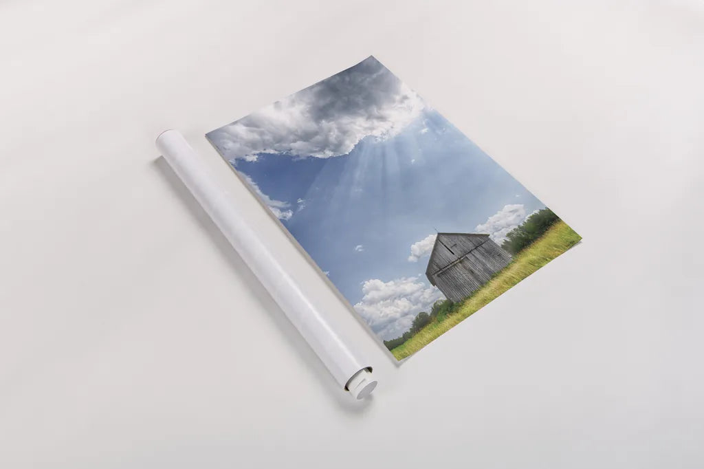 Barn Rays by Nathan Larson. shown as a rolled paper print. Available as archival giclee rolled canvas, fine art paper, or poster print. SKU 80449h.