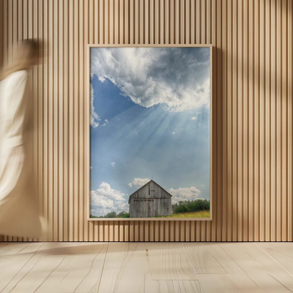 Barn Rays by Nathan Larson. shown as over sized large wall art. Available as an archival giclee rolled canvas, fine art paper, or poster print. SKU 80449h.
