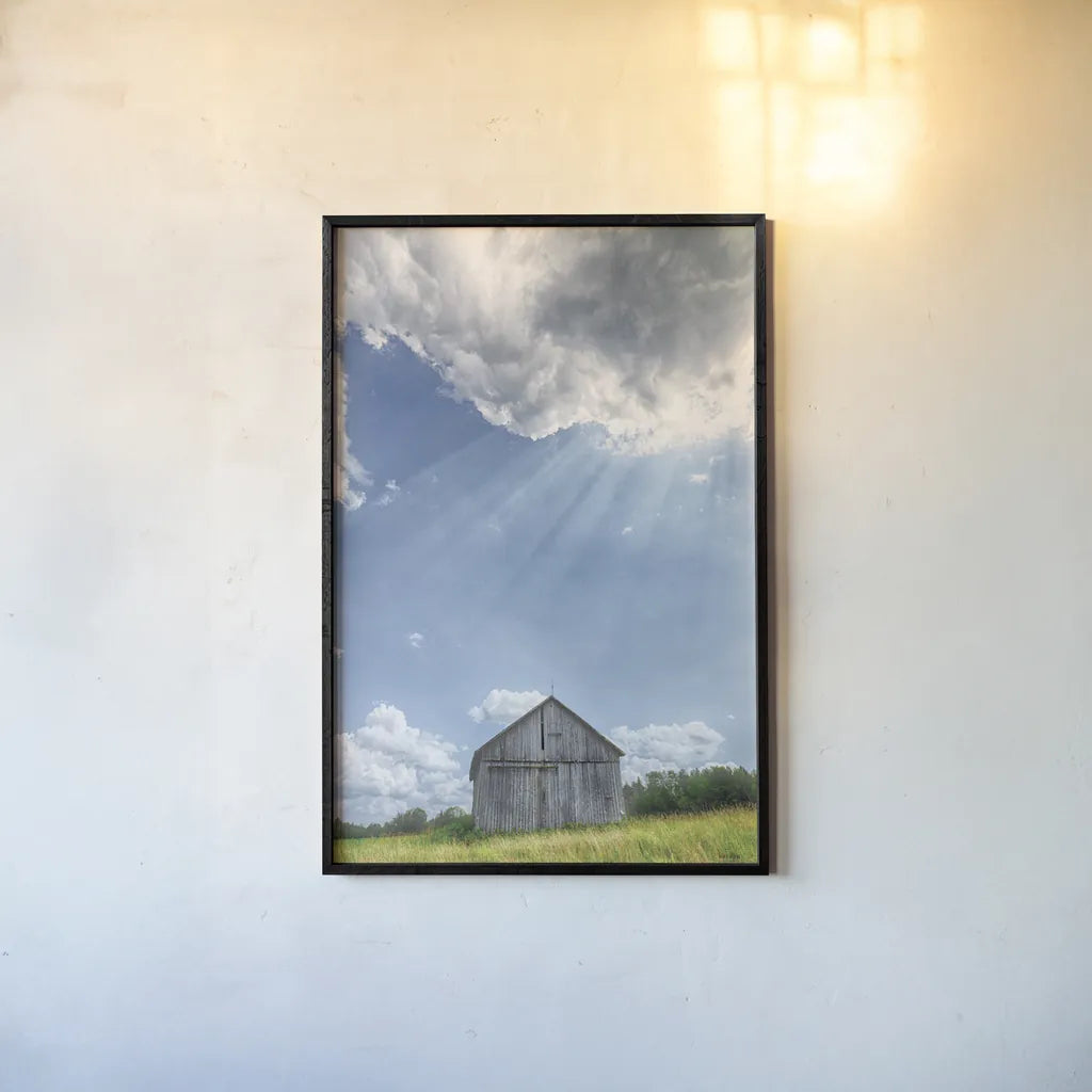 Barn Rays by Nathan Larson. shown as a paper print in a black flame. Available as a archival giclee rolled canvas, fine art paper, or poster print. SKU 80449h.