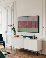 Barn Stripes by Nathan Larson. shown as a framed stretched canvas in a living room above a console. Available as a archival giclee rolled canvas, fine art paper, or poster print. SKU 98028i.