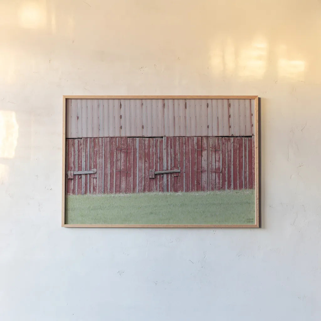 Barn Stripes by Nathan Larson. shown as a paper print in a natural frame. Available as a archival giclee rolled canvas, fine art paper, or poster print. SKU 98028i.