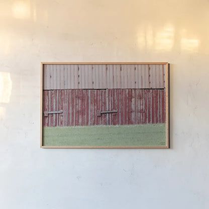 Barn Stripes by Nathan Larson. shown as a paper print in a natural frame. Available as a archival giclee rolled canvas, fine art paper, or poster print. SKU 98028i.