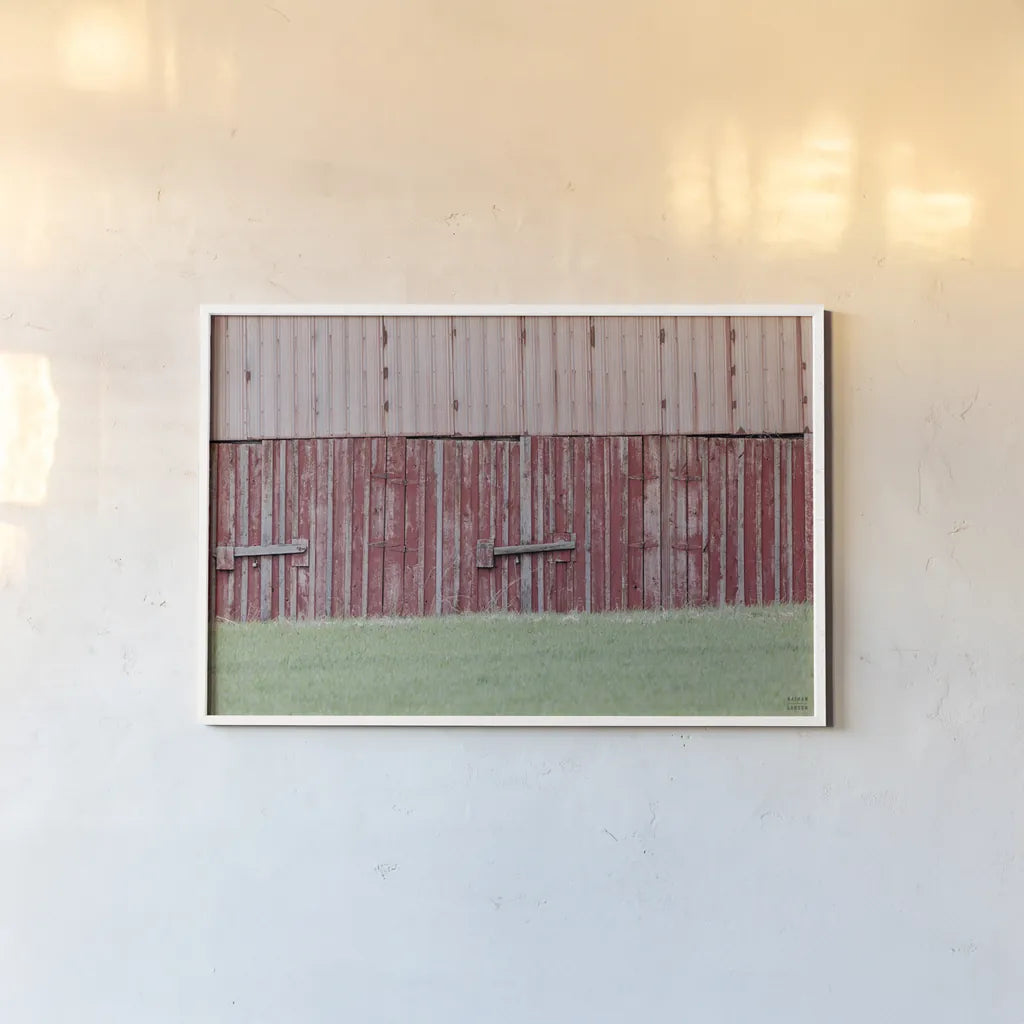 Barn Stripes by Nathan Larson. shown as a paper print in a white frame. Available as a archival giclee rolled canvas, fine art paper, or poster print. SKU 98028i.