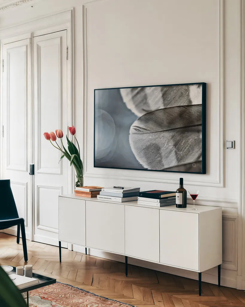 Barred Owl Wing Tip BW by Nathan Larson. shown as a framed stretched canvas in a living room above a console. Available as a archival giclee rolled canvas, fine art paper, or poster print. SKU 74416i.