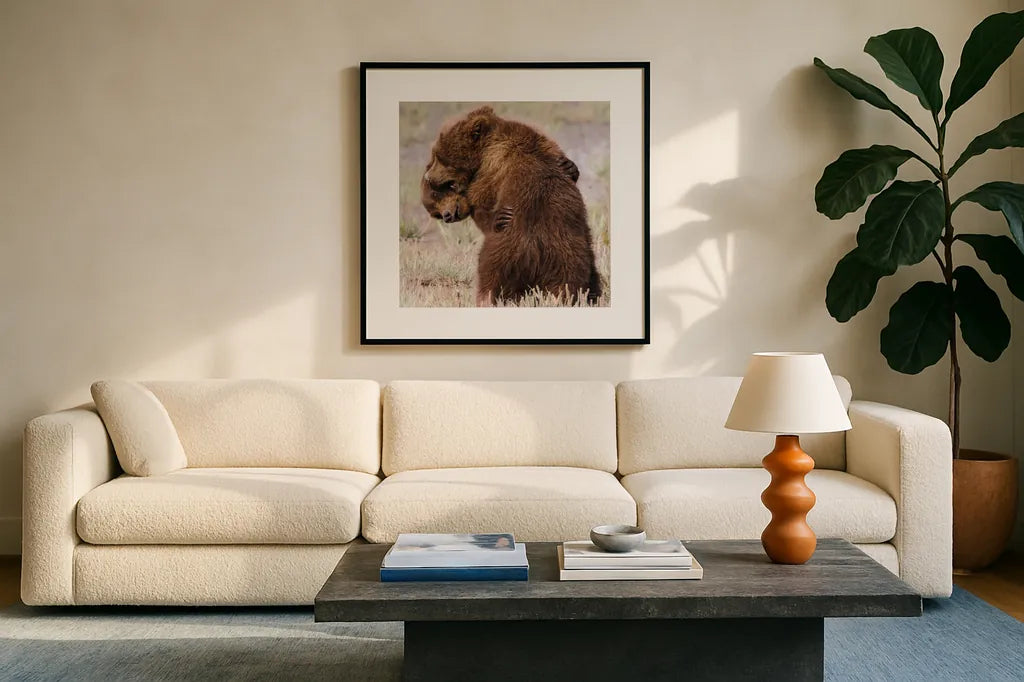Bear Hug by Nathan Larson. Displayed in a glass frame with matte in a clean modern living room. Available as an archival giclee rolled canvas, fine art paper, or poster print. SKU 100763a.
