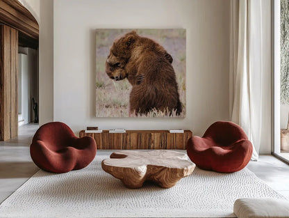 Bear Hug by Nathan Larson. Shown as extra-large giant wall art in a modern living room. Available as an archival giclee rolled canvas, fine art paper, or poster print. SKU 100763a.