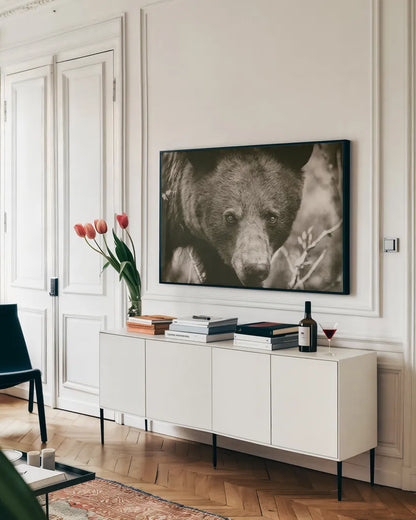 Bear Portrait Sepia by Nathan Larson. shown as a framed stretched canvas in a living room above a console. Available as a archival giclee rolled canvas, fine art paper, or poster print. SKU 80447i.