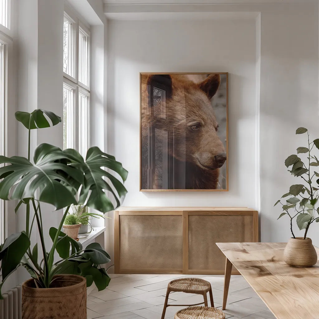 Bear Profile I by Nathan Larson. shown as a print in a natural wood frame in a dining room. Available as a archival giclee rolled canvas, fine art paper, or poster print. SKU 80433h.