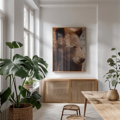 Bear Profile I by Nathan Larson. shown as a print in a natural wood frame in a dining room. Available as a archival giclee rolled canvas, fine art paper, or poster print. SKU 80433h.