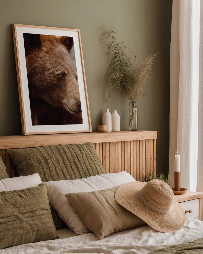 Bear Profile I by Nathan Larson. shown as a paper print in a natural frame. Available as a archival giclee rolled canvas, fine art paper, or poster print. SKU 80433h.