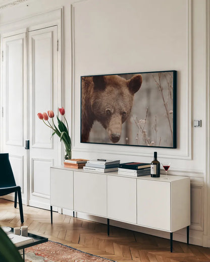 Bear Profile II by Nathan Larson. shown as a framed stretched canvas in a living room above a console. Available as a archival giclee rolled canvas, fine art paper, or poster print. SKU 80434i.
