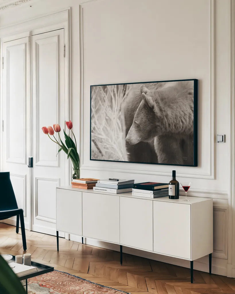 Bear Tones by Nathan Larson. shown as a framed stretched canvas in a living room above a console. Available as a archival giclee rolled canvas, fine art paper, or poster print. SKU 80448i.