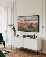 Beauty of Zion by Nathan Larson. shown as a framed stretched canvas in a living room above a console. Available as a archival giclee rolled canvas, fine art paper, or poster print. SKU 96619i.