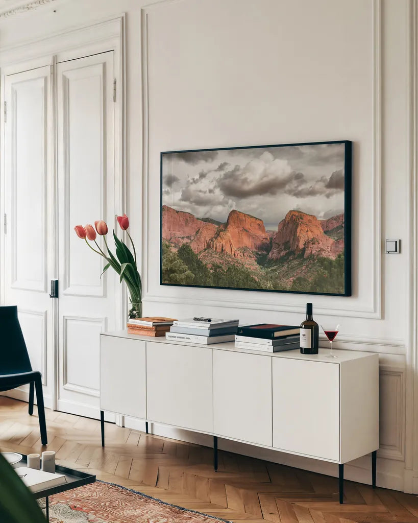 Beauty of Zion No Blur by Nathan Larson. shown as a framed stretched canvas in a living room above a console. Available as a archival giclee rolled canvas, fine art paper, or poster print. SKU 96728i.