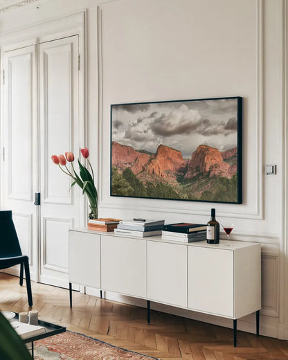 Beauty of Zion No Blur by Nathan Larson. shown as a framed stretched canvas in a living room above a console. Available as a archival giclee rolled canvas, fine art paper, or poster print. SKU 96728i.