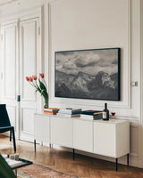 Beauty of Zion No Blur BW by Nathan Larson. shown as a framed stretched canvas in a living room above a console. Available as a archival giclee rolled canvas, fine art paper, or poster print. SKU 96730i.