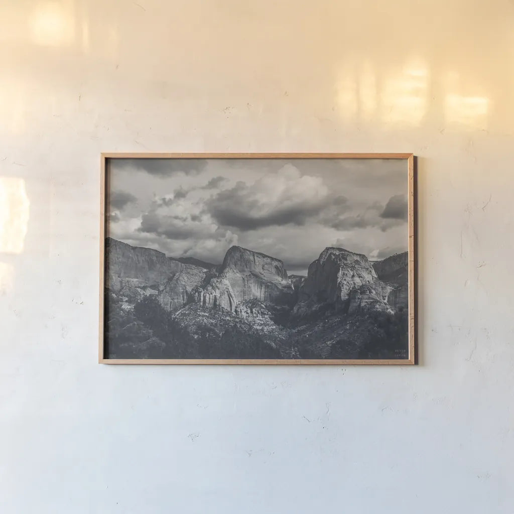 Beauty of Zion No Blur BW by Nathan Larson. shown as a paper print in a natural frame. Available as a archival giclee rolled canvas, fine art paper, or poster print. SKU 96730i.