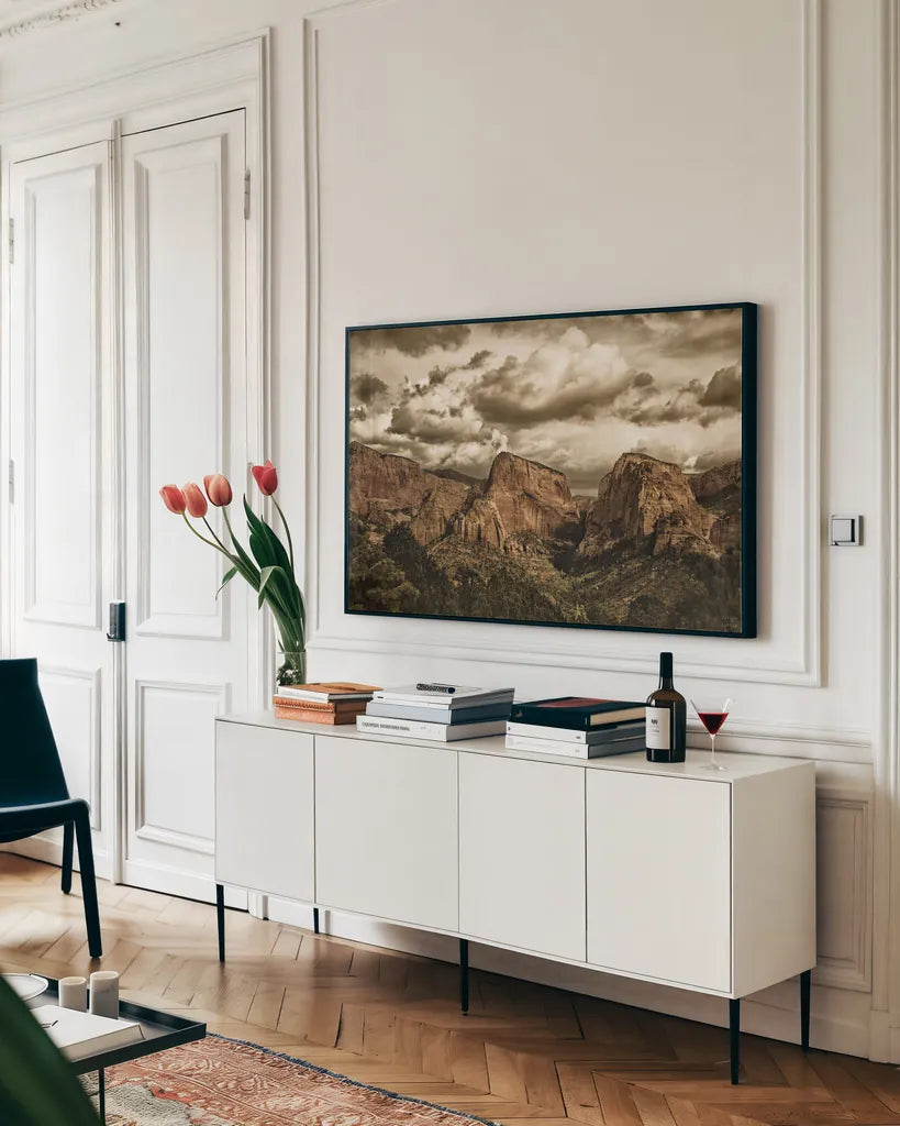 Beauty of Zion No Blur Sepia by Nathan Larson. shown as a framed stretched canvas in a living room above a console. Available as a archival giclee rolled canvas, fine art paper, or poster print. SKU 96729i.