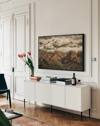 Beauty of Zion No Blur Sepia by Nathan Larson. shown as a framed stretched canvas in a living room above a console. Available as a archival giclee rolled canvas, fine art paper, or poster print. SKU 96729i.