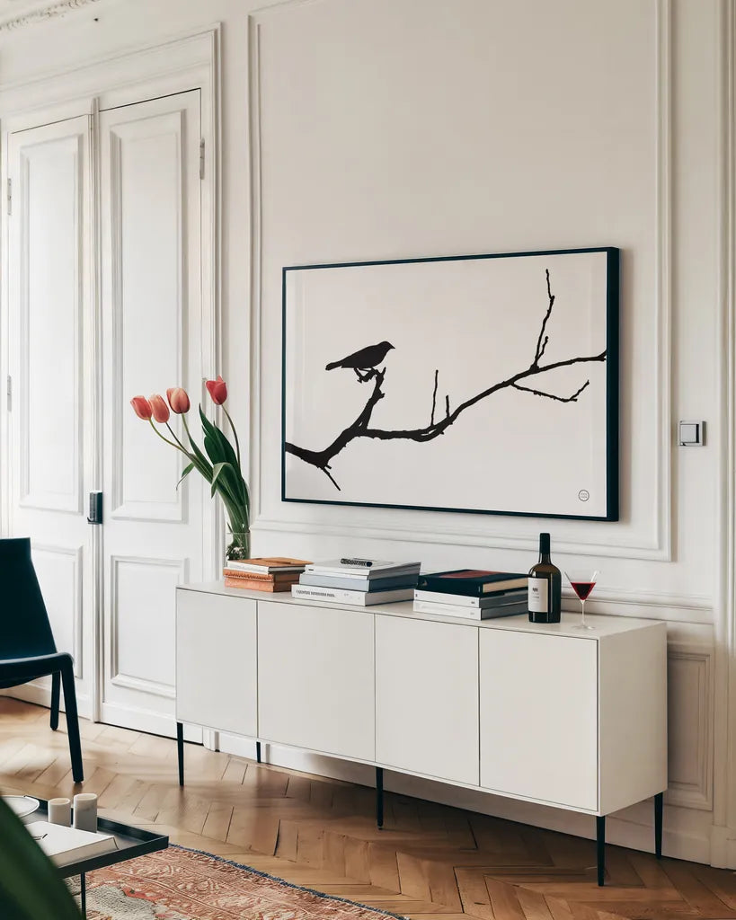 Bird Silhouette by Nathan Larson. shown as a framed stretched canvas in a living room above a console. Available as a archival giclee rolled canvas, fine art paper, or poster print. SKU 70278i.