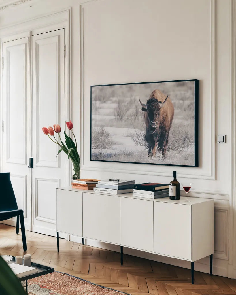 Bison Beauty by Nathan Larson. shown as a framed stretched canvas in a living room above a console. Available as a archival giclee rolled canvas, fine art paper, or poster print. SKU 84320i.
