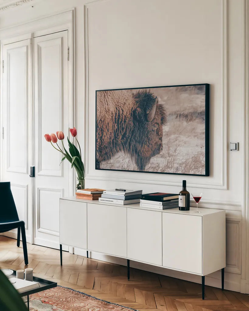 Bison Profile by Nathan Larson. shown as a framed stretched canvas in a living room above a console. Available as a archival giclee rolled canvas, fine art paper, or poster print. SKU 84255i.