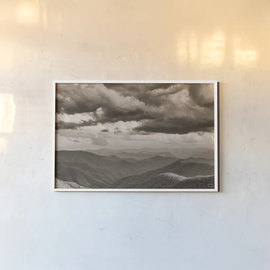 Blue Ridge Mountains I by Nathan Larson. shown as a paper print in a white frame. Available as a archival giclee rolled canvas, fine art paper, or poster print. SKU 99215i.