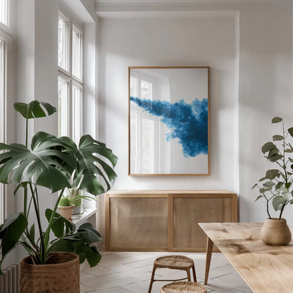 Blue Smoke by Nathan Larson. shown as a print in a natural wood frame in a dining room. Available as a archival giclee rolled canvas, fine art paper, or poster print. SKU 82303h.