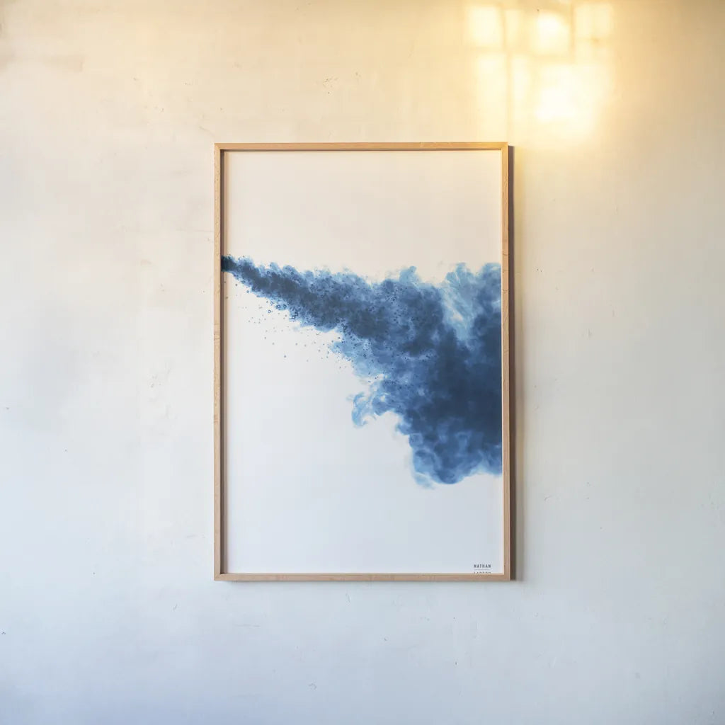 Blue Smoke by Nathan Larson. shown as a paper print in a natural frame. Available as a archival giclee rolled canvas, fine art paper, or poster print. SKU 82303h.