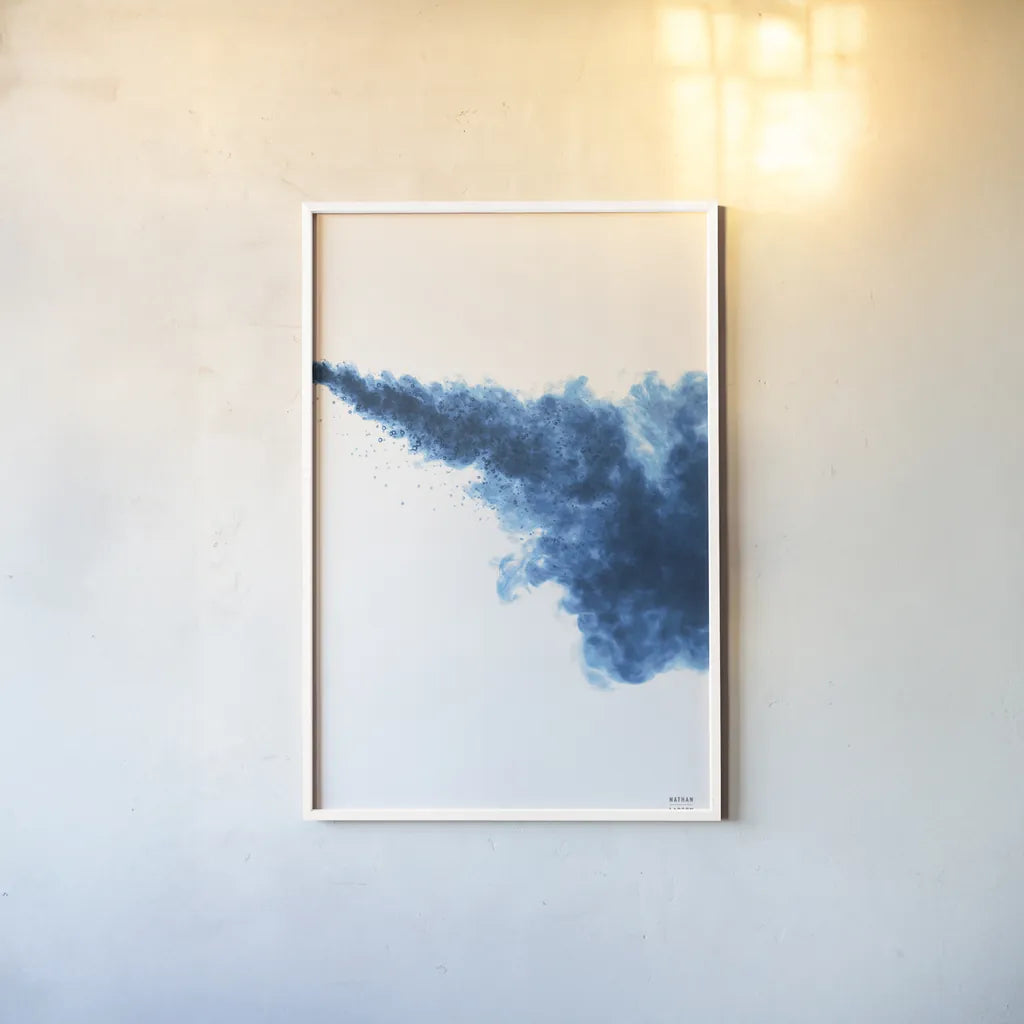 Blue Smoke by Nathan Larson. shown as a paper print in a white frame. Available as a archival giclee rolled canvas, fine art paper, or poster print. SKU 82303h.
