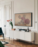 Border Sunset I by Nathan Larson. shown as a framed stretched canvas in a living room above a console. Available as a archival giclee rolled canvas, fine art paper, or poster print. SKU 102776i.