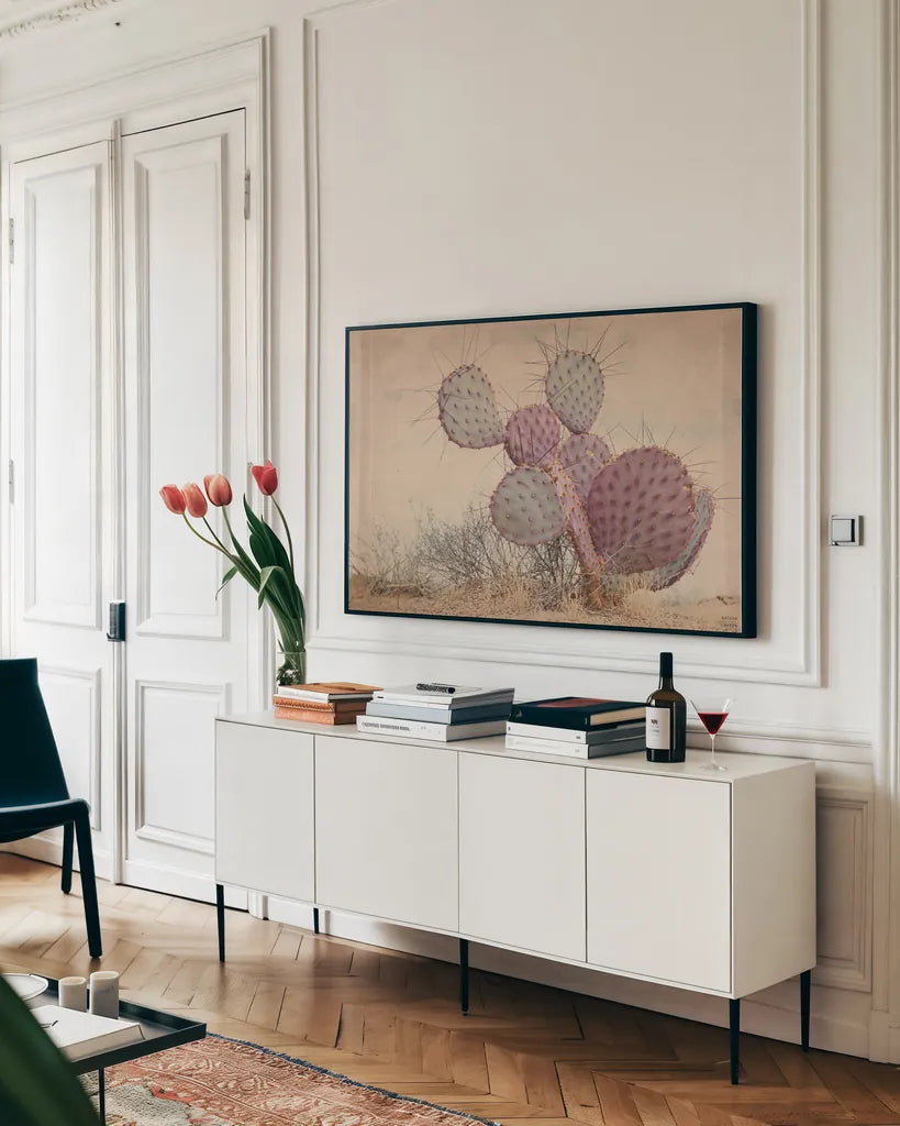 Border Sunset I by Nathan Larson. shown as a framed stretched canvas in a living room above a console. Available as a archival giclee rolled canvas, fine art paper, or poster print. SKU 102776i.