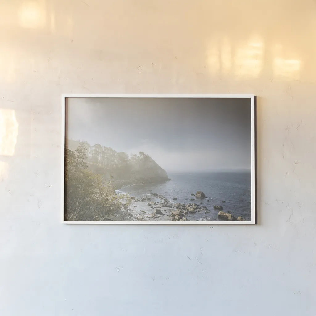 Breaking Through the Mist by Nathan Larson. shown as a paper print in a white frame. Available as a archival giclee rolled canvas, fine art paper, or poster print. SKU 97438i.