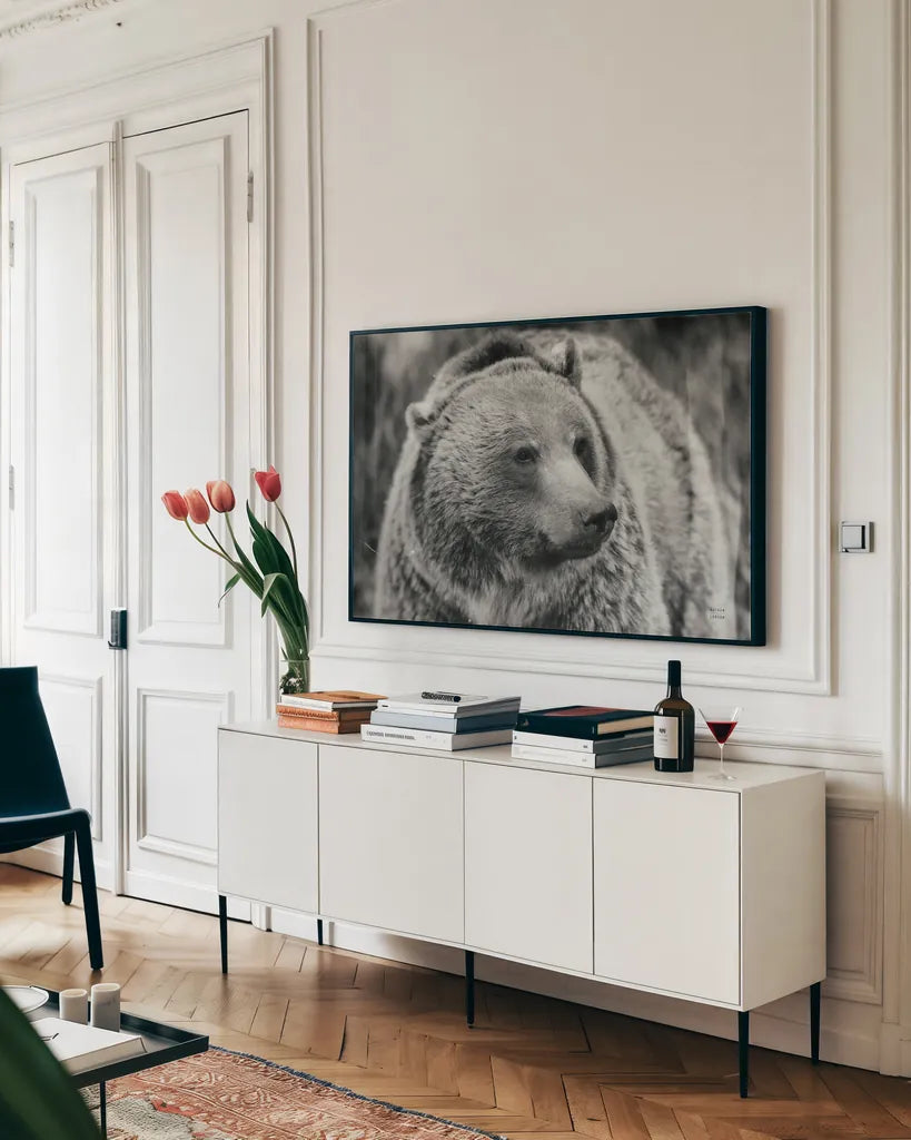 British Columbia Grizzly BW by Nathan Larson. shown as a framed stretched canvas in a living room above a console. Available as a archival giclee rolled canvas, fine art paper, or poster print. SKU 92565i.