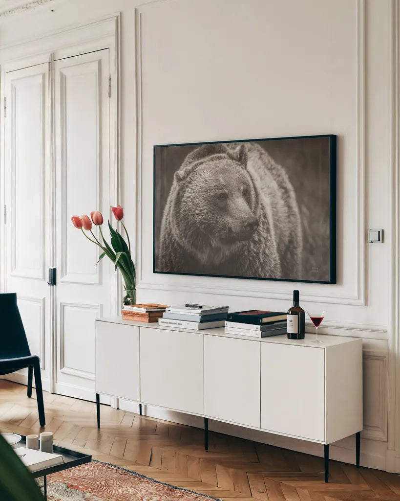 British Columbia Grizzly Sepia by Nathan Larson. shown as a framed stretched canvas in a living room above a console. Available as a archival giclee rolled canvas, fine art paper, or poster print. SKU 92566i.