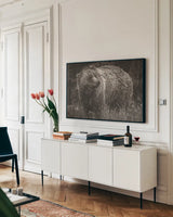 British Columbia Grizzly in a Field BW by Nathan Larson. shown as a framed stretched canvas in a living room above a console. Available as a archival giclee rolled canvas, fine art paper, or poster print. SKU 92563i.