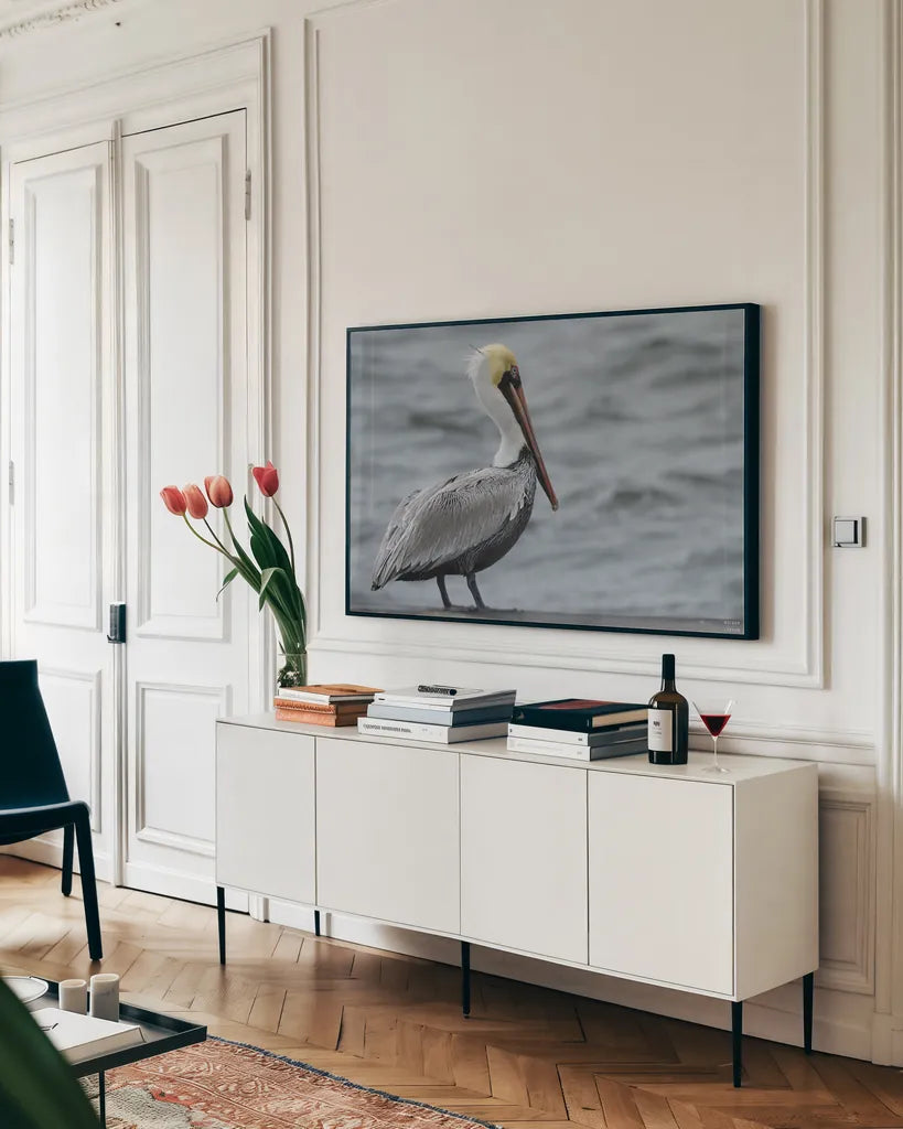 Brown Pelican by Nathan Larson. shown as a framed stretched canvas in a living room above a console. Available as a archival giclee rolled canvas, fine art paper, or poster print. SKU 97883i.