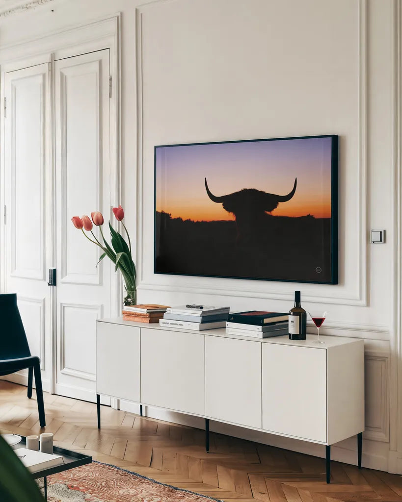 Bull Set by Nathan Larson. shown as a framed stretched canvas in a living room above a console. Available as a archival giclee rolled canvas, fine art paper, or poster print. SKU 70279i.