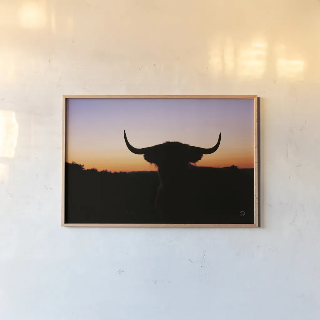 Bull Set by Nathan Larson. shown as a paper print in a natural frame. Available as a archival giclee rolled canvas, fine art paper, or poster print. SKU 70279i.