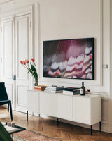 Butterfly Effect I by Nathan Larson. shown as a framed stretched canvas in a living room above a console. Available as a archival giclee rolled canvas, fine art paper, or poster print. SKU 96858i.