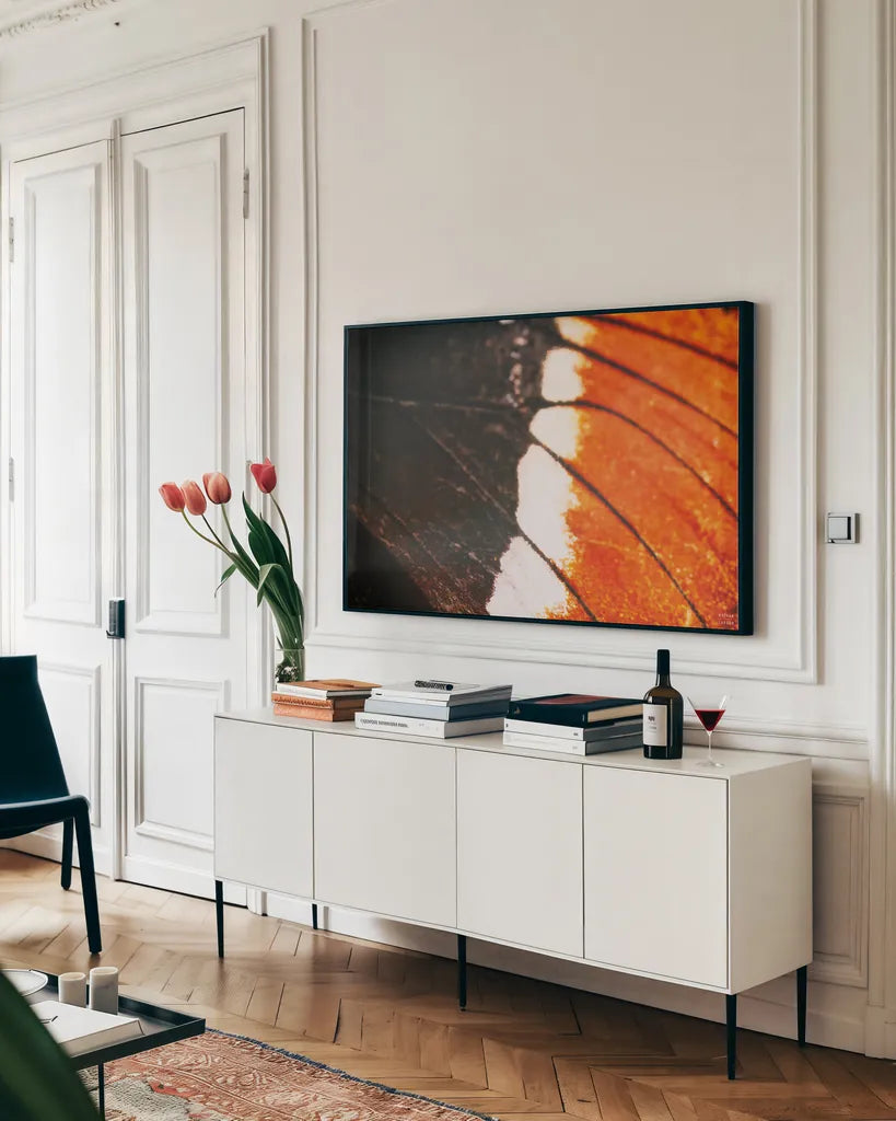 Butterly Effect II by Nathan Larson. shown as a framed stretched canvas in a living room above a console. Available as a archival giclee rolled canvas, fine art paper, or poster print. SKU 96859i.