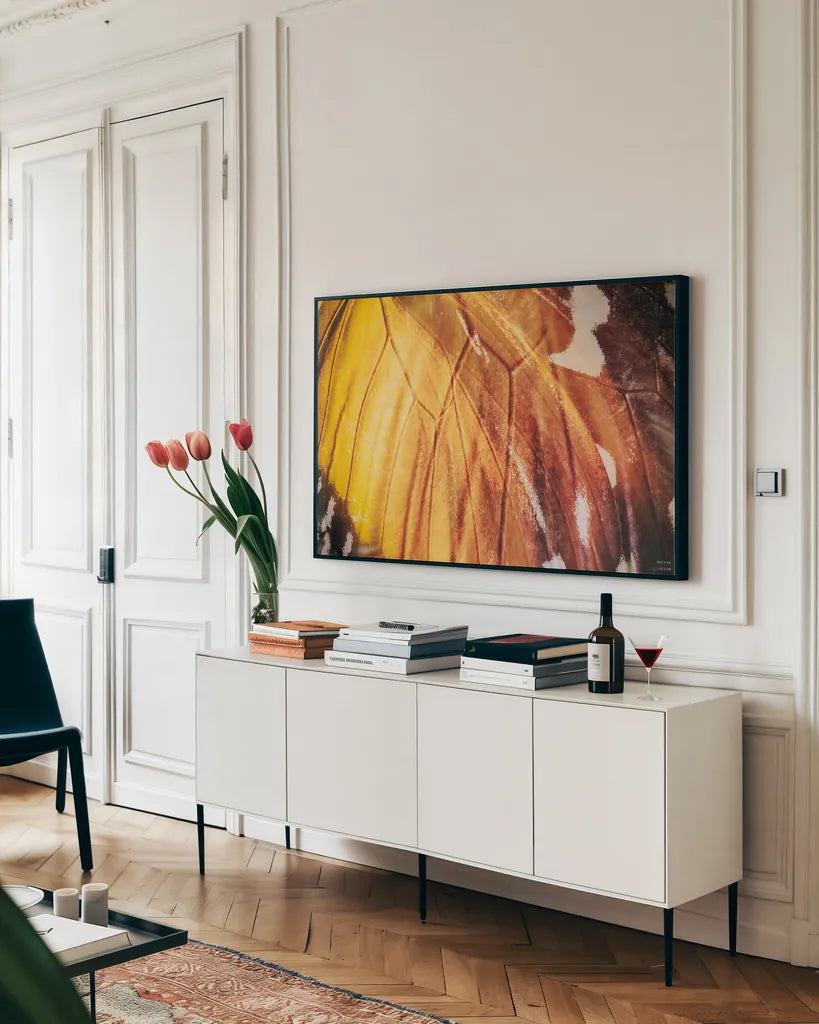 Butterly Effect IV by Nathan Larson. shown as a framed stretched canvas in a living room above a console. Available as a archival giclee rolled canvas, fine art paper, or poster print. SKU 96861i.