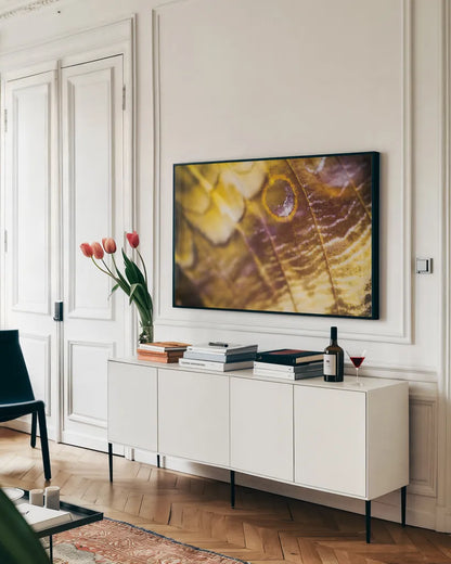Butterly Effect XVII by Nathan Larson. shown as a framed stretched canvas in a living room above a console. Available as a archival giclee rolled canvas, fine art paper, or poster print. SKU 96863i.