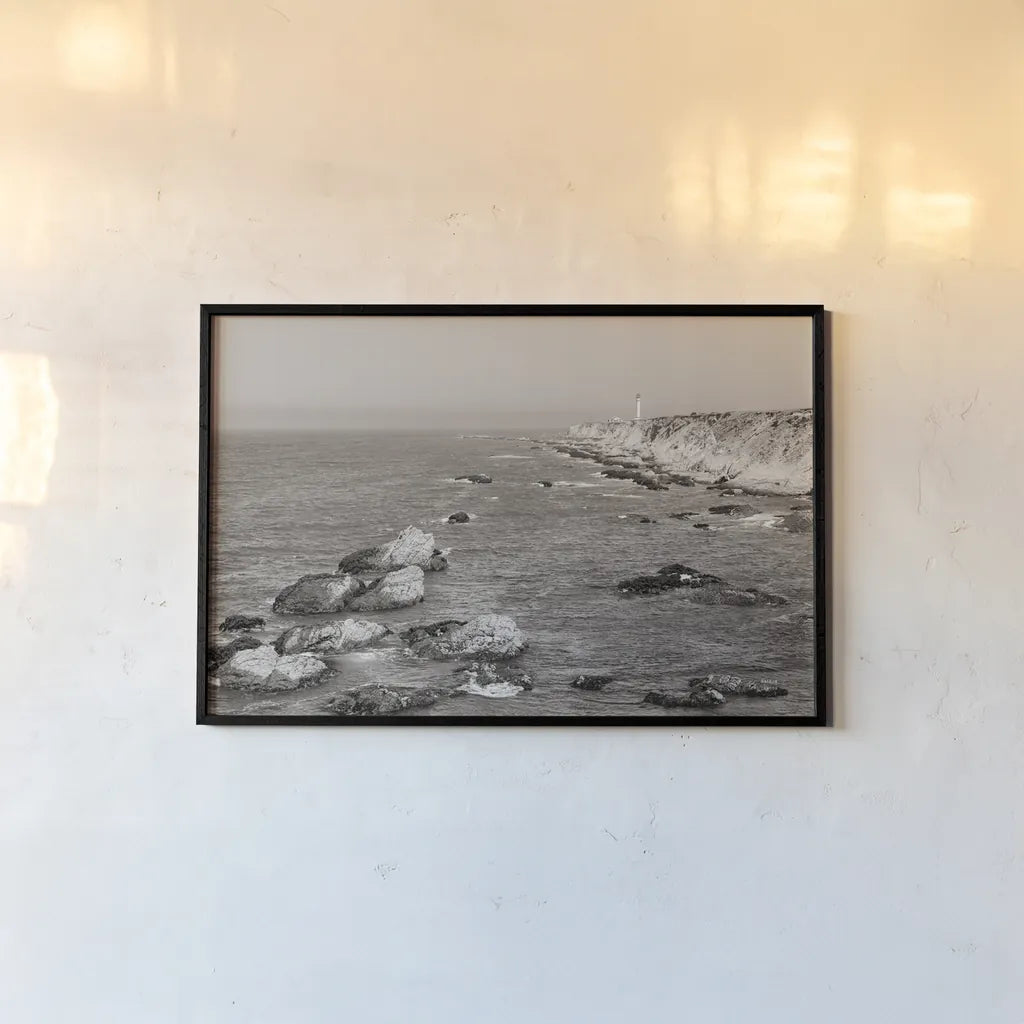 California Lighthouse BW by Nathan Larson. shown as a paper print in a black flame. Available as a archival giclee rolled canvas, fine art paper, or poster print. SKU 90179i.