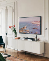 California Lighthouse Bright by Nathan Larson. shown as a framed stretched canvas in a living room above a console. Available as a archival giclee rolled canvas, fine art paper, or poster print. SKU 90178i.