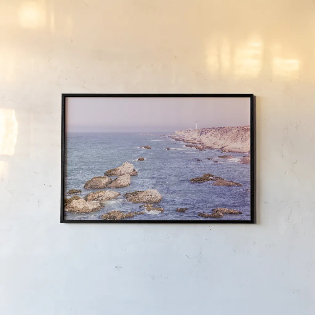 California Lighthouse Bright by Nathan Larson. shown as a paper print in a black flame. Available as a archival giclee rolled canvas, fine art paper, or poster print. SKU 90178i.