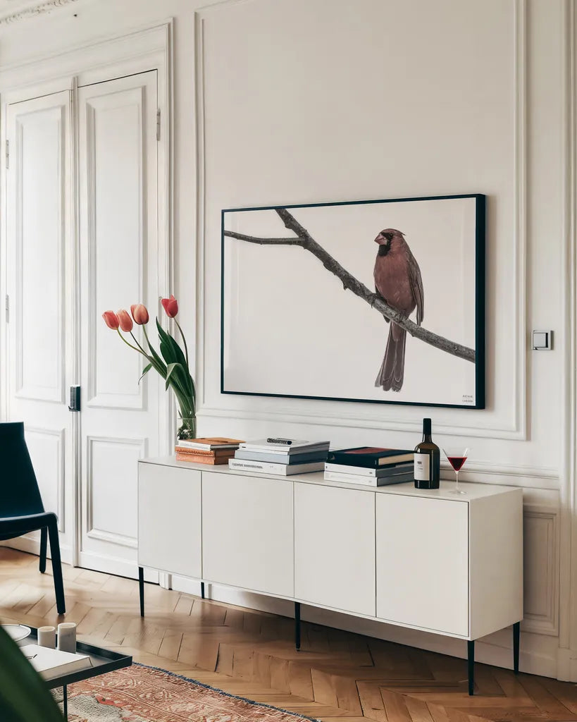 Cardinal on the Mississippi Neutral by Nathan Larson. shown as a framed stretched canvas in a living room above a console. Available as a archival giclee rolled canvas, fine art paper, or poster print. SKU 98336i.