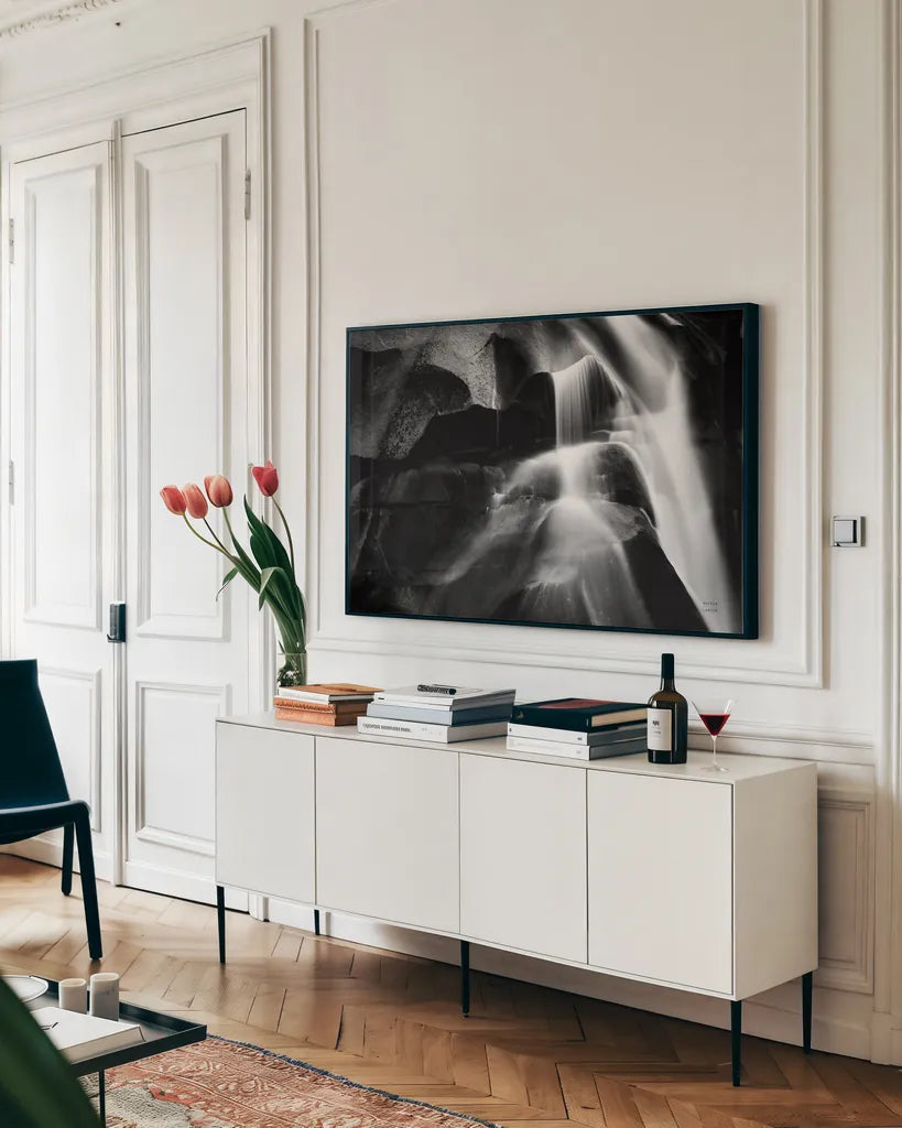 Carving Detail BW by Nathan Larson. shown as a framed stretched canvas in a living room above a console. Available as a archival giclee rolled canvas, fine art paper, or poster print. SKU 87637i.